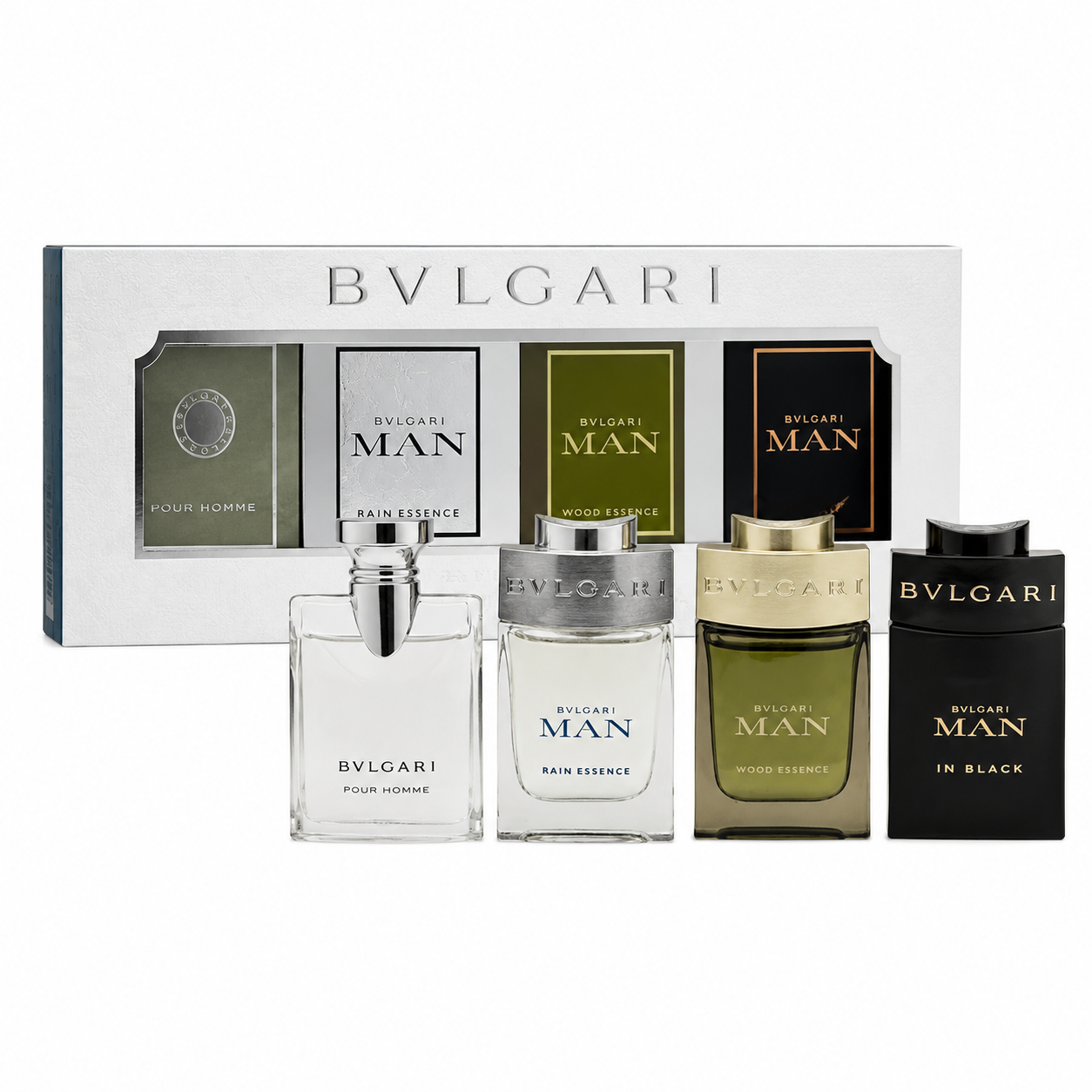 Bvlgari-Rain-Essence-5ml-Man-In-Black-5ml-Pour-Homme-5ml-Wood-Essence-5ml Bvlgari - Rain Essence 5ml + Man In Black 5ml + Pour Homme 5ml + Wood Essence 5ml - Image 1