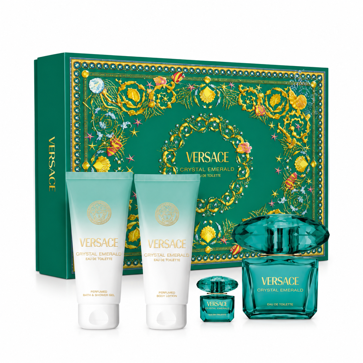 Versace-Crystal-Emerald-Eau-De-Parfum-90ml-Eau-De-Parfum-5ml-Body-Lotion-100ml-Shower-Gel-100ml Versace - Crystal Emerald Eau De Parfum 90ml + Eau De Parfum 5ml + Body Lotion 100ml + Shower Gel 100ml - Image 1