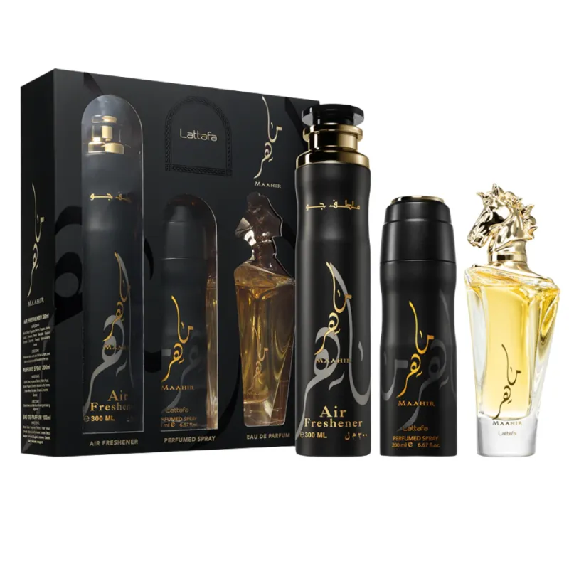 lattafa-maahir-3-piece-gift-set-eau-de-parfum-100-ml-perfumed-spray-200-ml-air-freshener-300-ml Lattafa – Gift Set 3 Pcs – Maahir - Image 1